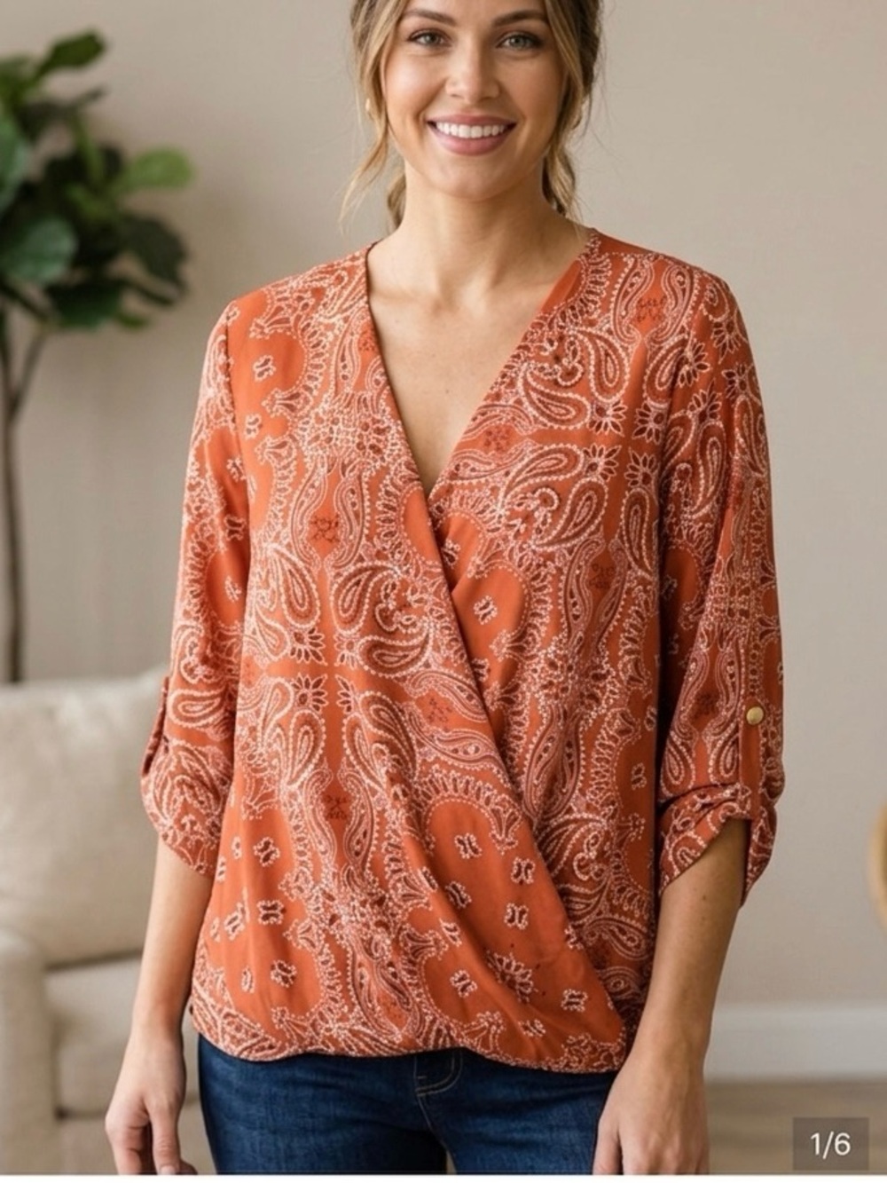 Miley and Molly Paisley Print Orange Crossover Women's Top Size M